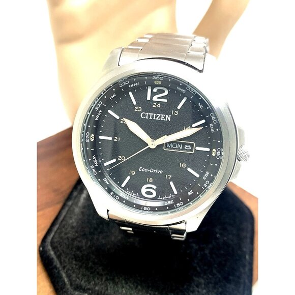 Citizen Men's Watch AW0110-58E Eco Drive Black Dial Day Date Silver Steel 44mm - Picture 1 of 15